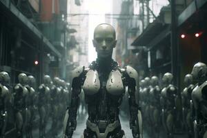 an image of a robot standing in the middle of a crowd generative AI photo