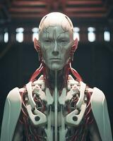 an image of a robot with red and white wires generative AI photo