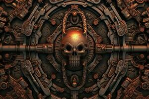 an image of a skull with a gun in front of a metal door generative AI photo