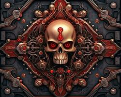 an image of a skull surrounded by gears and red eyes generative AI photo