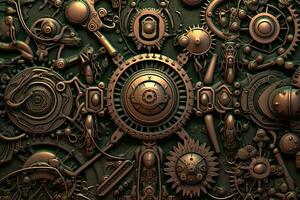 un imagen de un Steampunk pared con muchos engranajes generativo ai foto