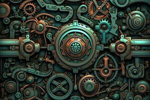 an image of a steampunk background with many gears generative AI photo