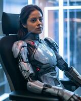 an image of a woman in a futuristic suit sitting in an office chair generative AI photo