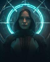 an image of a woman in a hoodie with glowing circles around her generative AI photo