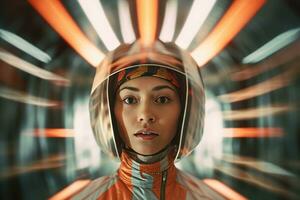 an image of a woman in an orange and white space suit generative AI photo