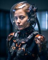 an image of a woman wearing a helmet and suit generative AI photo