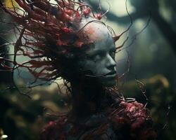 an image of a woman with red hair and blood on her face generative AI photo