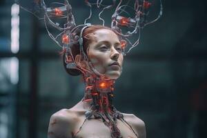 an image of a woman with red wires attached to her head generative AI photo