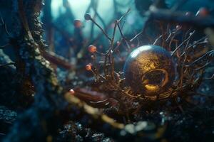 an image of an egg sitting in a nest surrounded by branches generative AI photo