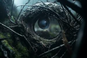 an image of an eye in the middle of a dark forest generative AI photo
