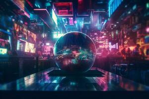 an image of an egg sitting on a table in a futuristic city generative AI photo