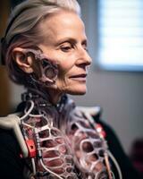 an older woman with a robotic body in front of a window generative AI photo