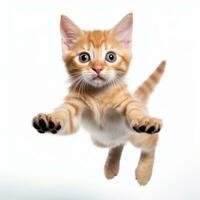 un naranja atigrado gatito es volador mediante el aire generativo ai foto