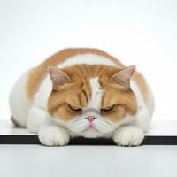 an orange and white cat is resting on a white surface generative AI photo