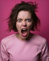 angry woman screaming on pink background generative AI photo