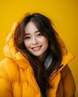 beautiful asian woman in yellow jacket generative AI photo