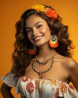 retrato de hermosa joven mujer en tradicional mexicano vestir con flor en pelo y vistoso pendientes en naranja antecedentes generativo ai foto