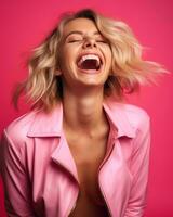 portrait of happy woman laughing on pink background stock photo generative AI