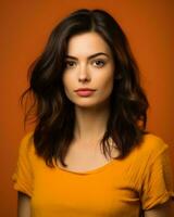 portrait of beautiful young woman with brown hair on orange background generative AI photo