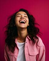 portrait of happy asian woman laughing on pink background stock photo generative AI