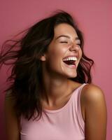 retrato de sonriente joven mujer riendo en rosado antecedentes valores foto generativo ai