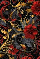 seamless floral pattern with red gold and black flowers on a black background generative AI photo