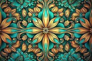 seamless floral pattern in turquoise and gold colors generative AI photo