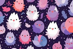 seamless pattern of cute birds in purple pink and blue colors generative AI photo