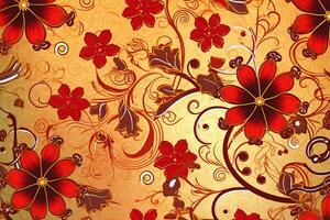 red flowers on a gold background with swirls generative AI photo