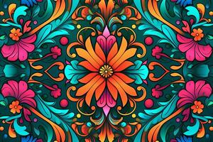 seamless floral pattern with colorful flowers and leaves on a dark background generative AI photo