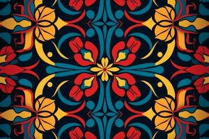 seamless floral pattern with red yellow and blue flowers on a black background generative AI photo