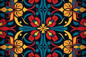 seamless floral pattern with red yellow and blue flowers on a black background generative AI photo