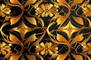 seamless golden floral pattern on a black background generative AI photo