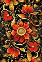 seamless floral pattern with red and gold flowers on a black background generative AI photo