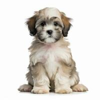 shih tzu puppy sitting in front of a white background generative AI photo