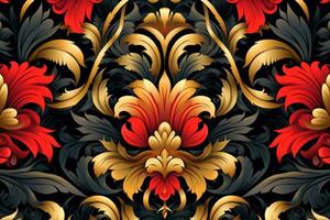 sin costura floral modelo con rojo oro y negro flores en un negro antecedentes generativo ai foto