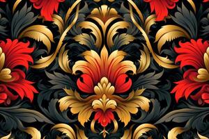 seamless floral pattern with red gold and black flowers on a black background generative AI photo
