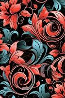 seamless floral pattern with red and blue flowers on a black background generative AI photo