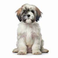 shih tzu perrito sentado en frente de blanco antecedentes generativo ai foto