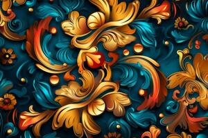 seamless pattern with gold and blue flowers on a dark blue background generative AI photo