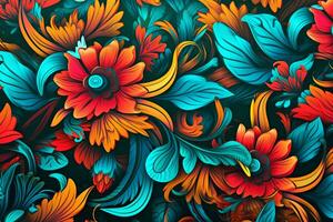 seamless pattern with colorful flowers on a dark background generative AI photo