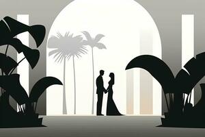 silhouette of a bride and groom standing in front of palm trees generative AI photo