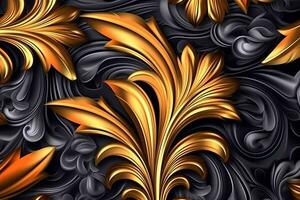 seamless pattern with gold leaves on black background generative AI photo