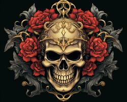 skull with roses on a black background generative AI photo