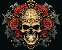 skull with roses on a black background generative AI photo