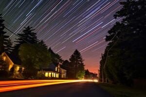 star trails over a residential street at night generative AI photo