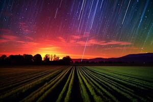 star trails over a field and mountains generative AI photo