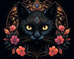 the black cat is surrounded by flowers generative AI photo