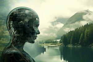 the head of a man is surrounded by trees and water generative AI photo