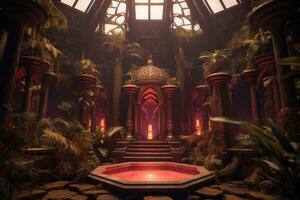 the interior of a building with a fountain in the middle generative AI photo